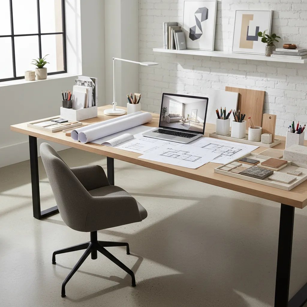 Interior designer workspace with laptop floor plan drawings material samples and a grey desk chair