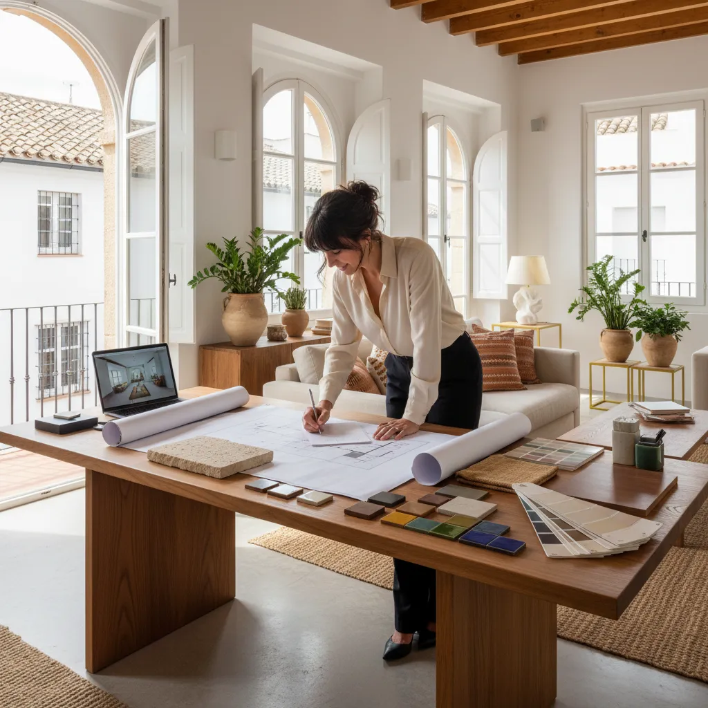 Interior designer working on room layout drawing with various material samples on large wooden table