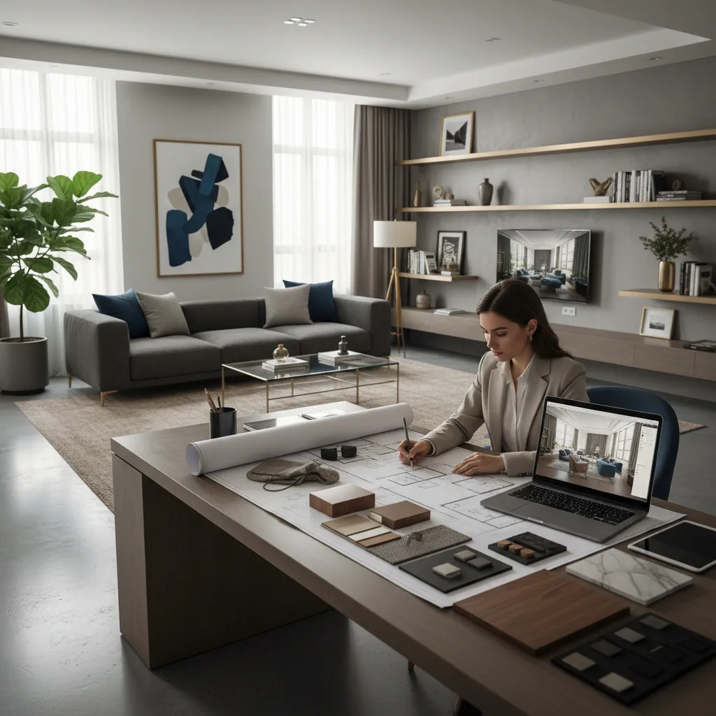 Female interior designer working on floor plans and laptop in a modern gray living room