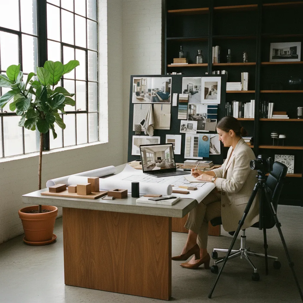 Female interior designer working at a large desk with floor plans laptop and mood board