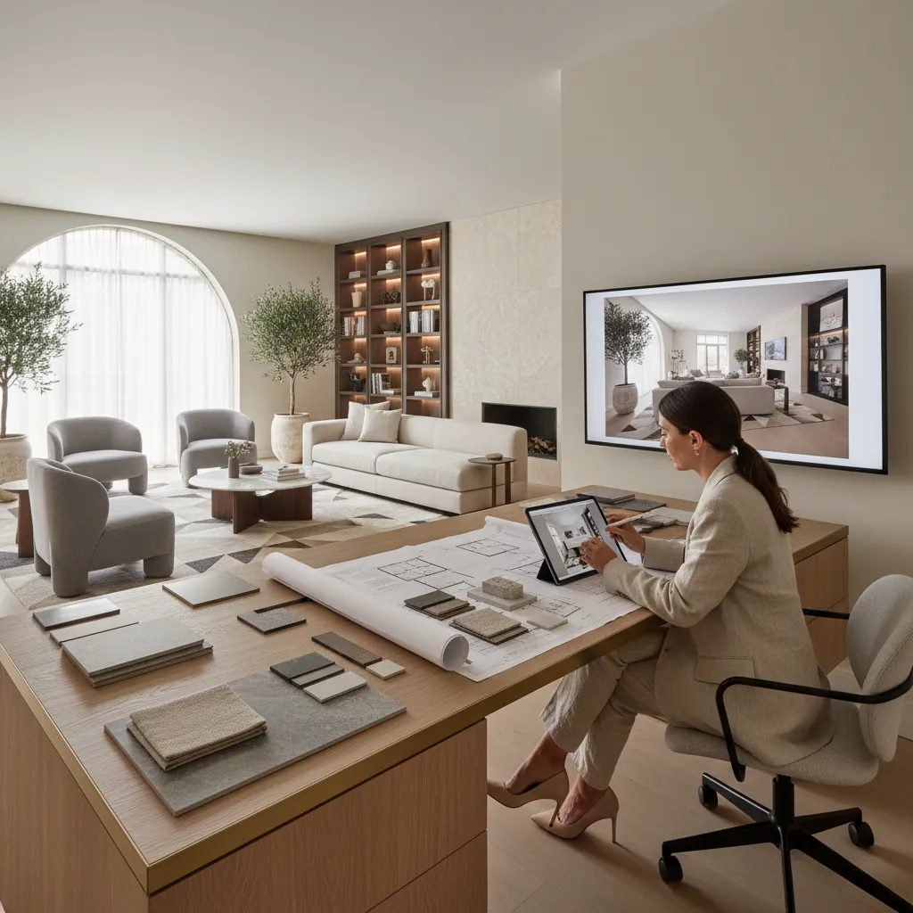 Interior designer using a tablet with floor plans and material samples in a modern office