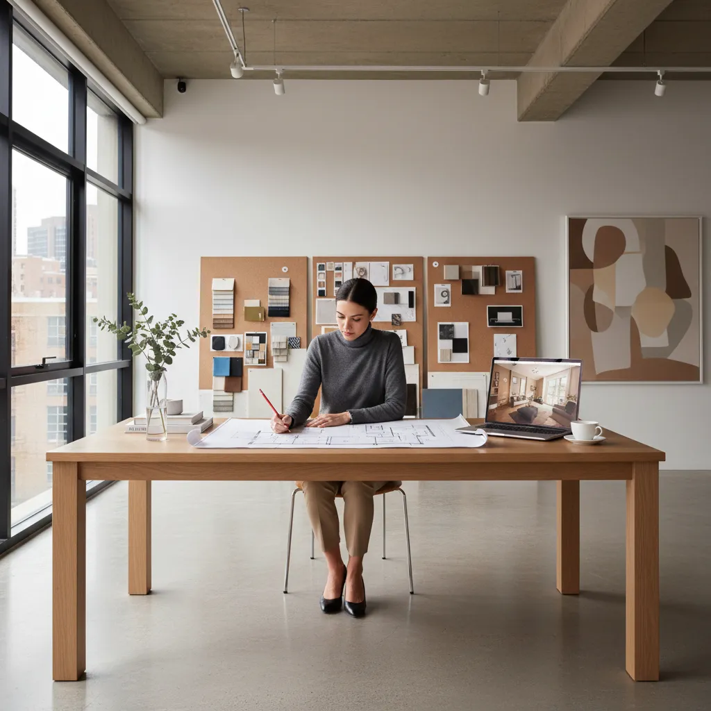 Woman sitting at a wooden desk drawing a room layout in a modern design studio