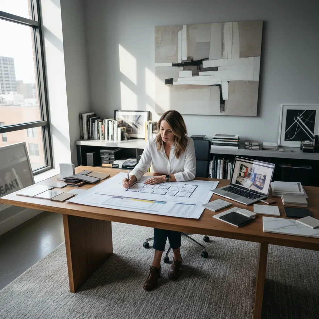 Interior designer drawing on a floor plan at a wooden desk with laptop and samples