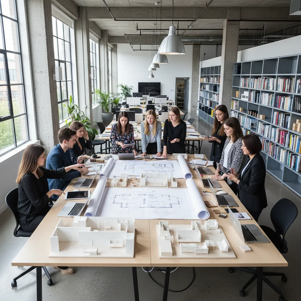 A group of professional designers working around a table with floor plans and room models