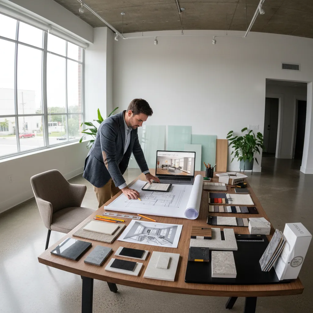 Male designer looking at house floor plans and material samples on a large wooden desk
