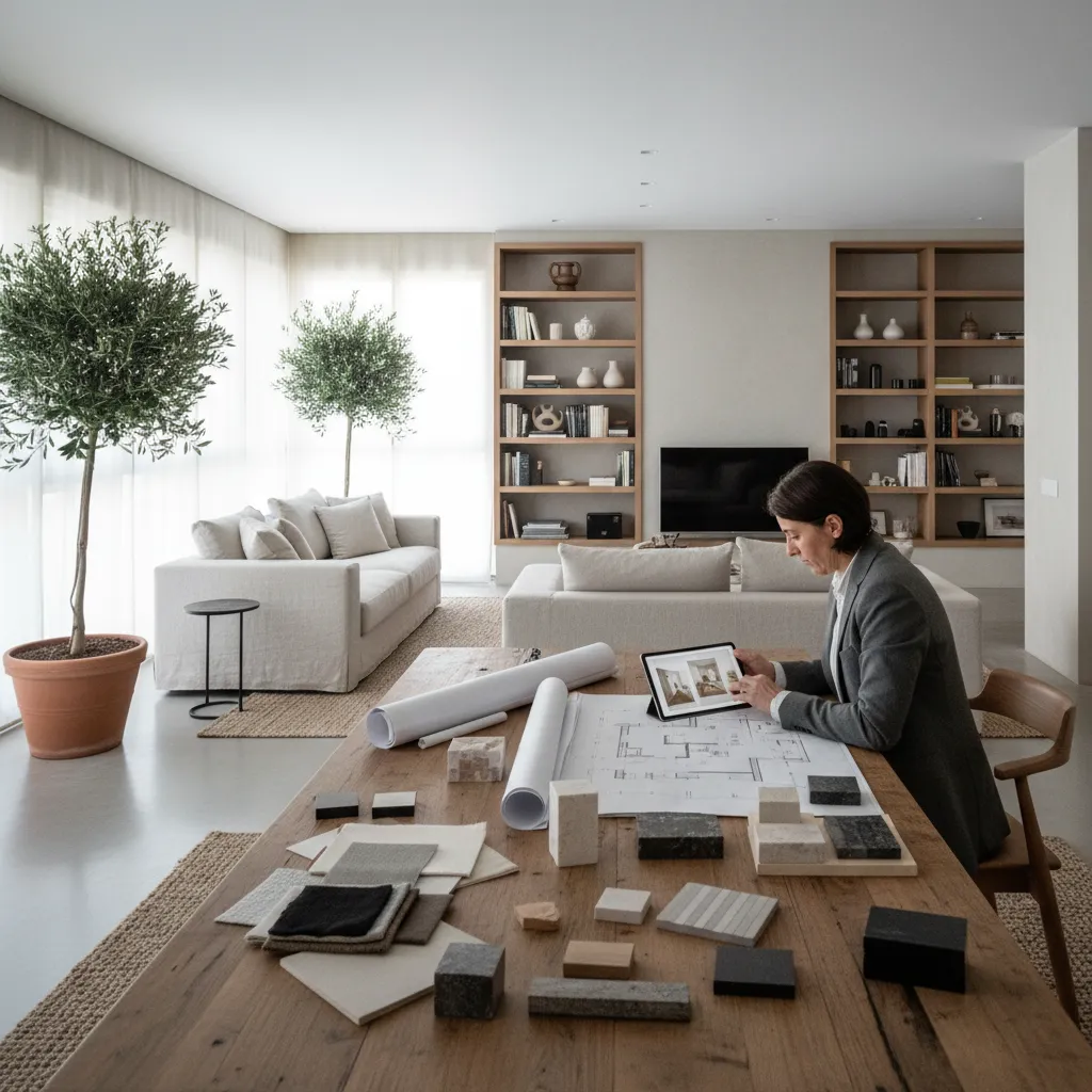 Female interior designer reviews house floor plans and material samples on a large wooden table