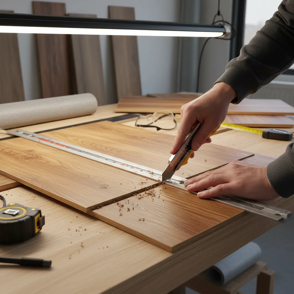 Installer cutting vinyl plank flooring precisely with a utility knife and straight edge