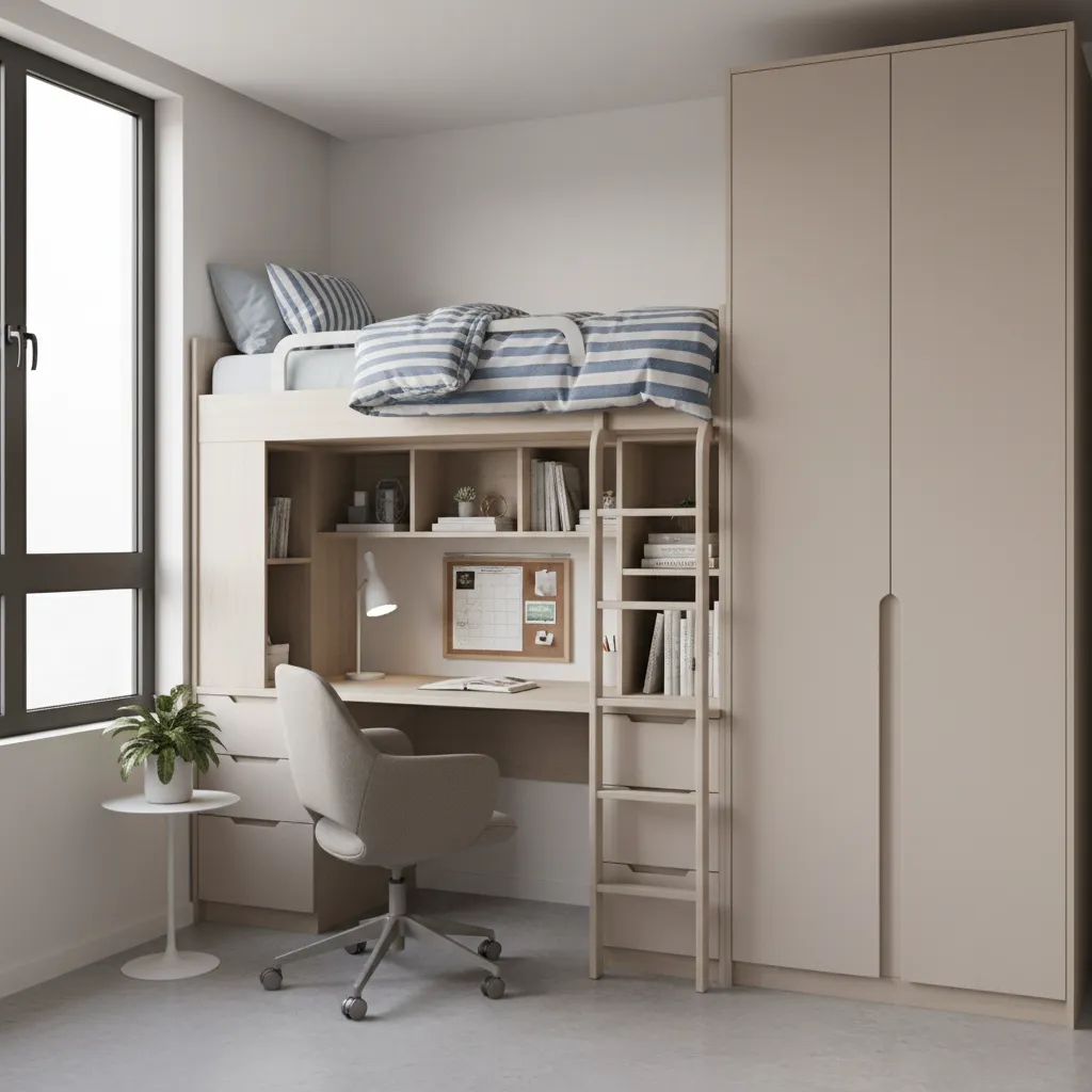 preconfigured dorm furniture layout with loft bed desk and wardrobe