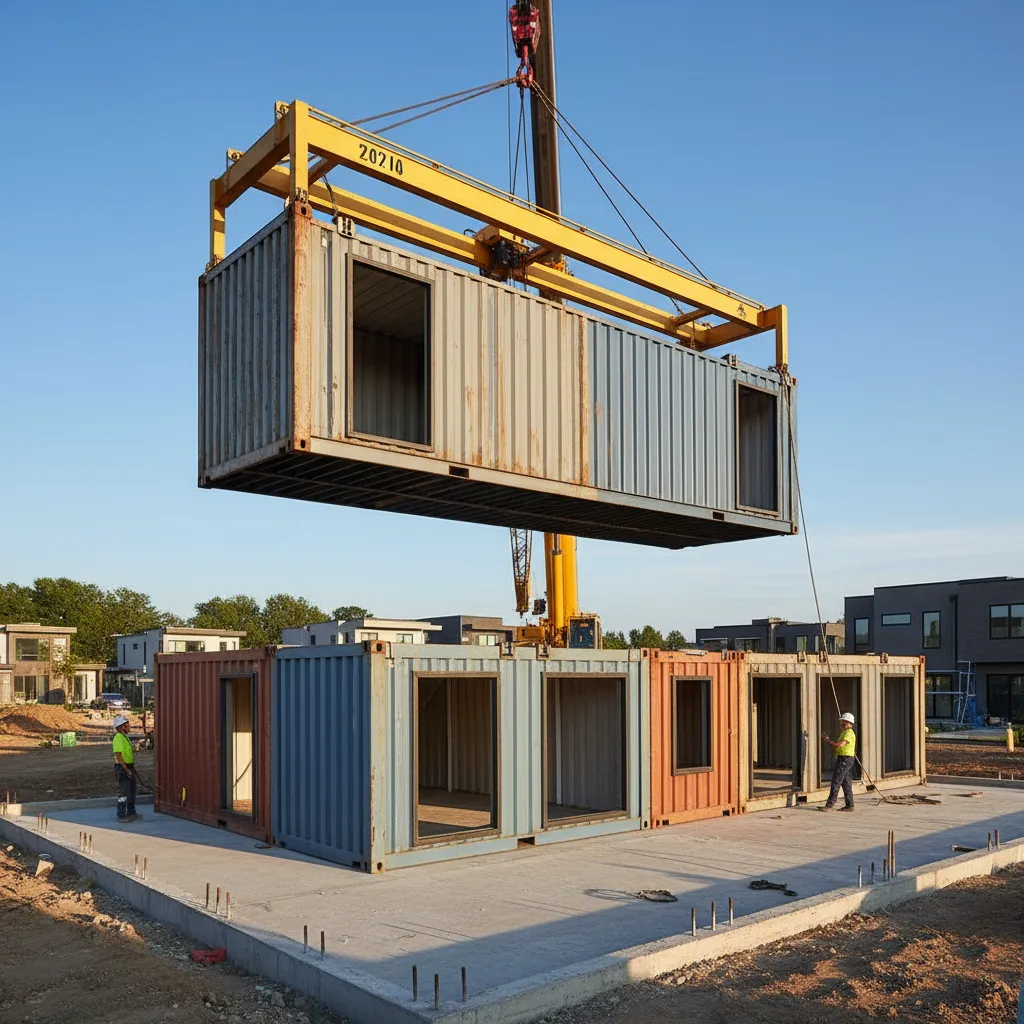 Crane installing prefabricated shipping container modules for modern house construction