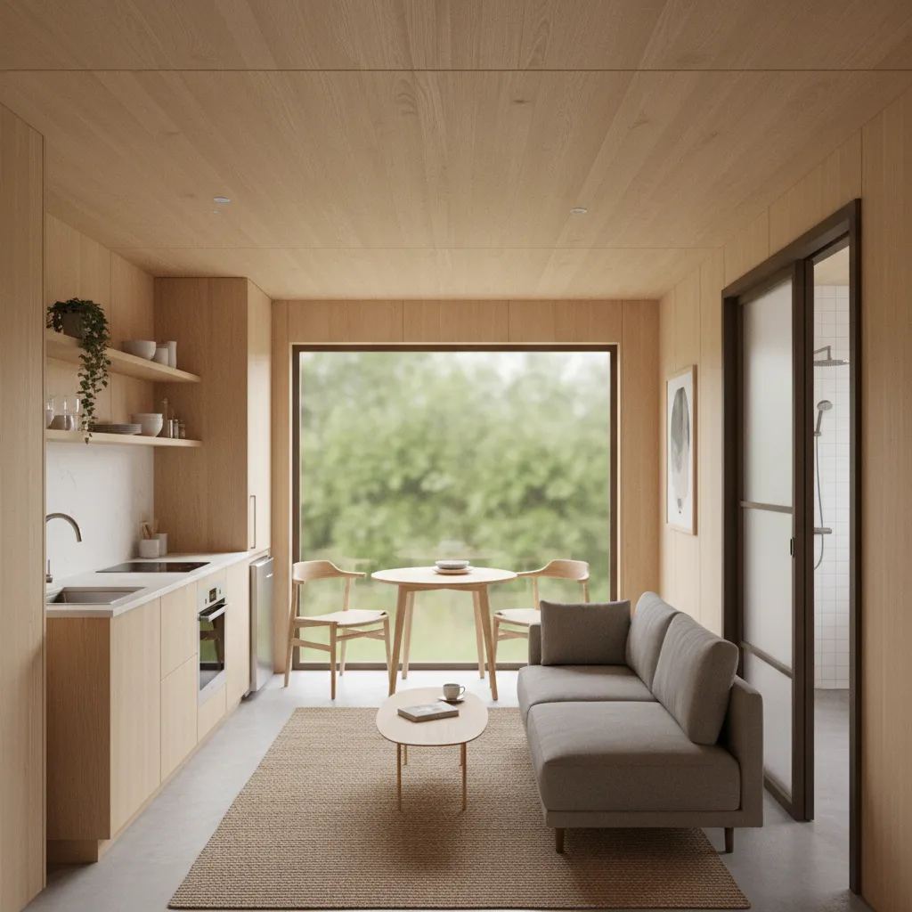 3D interior visualization of prefab guest house showing kitchen, living area, and bathroom door