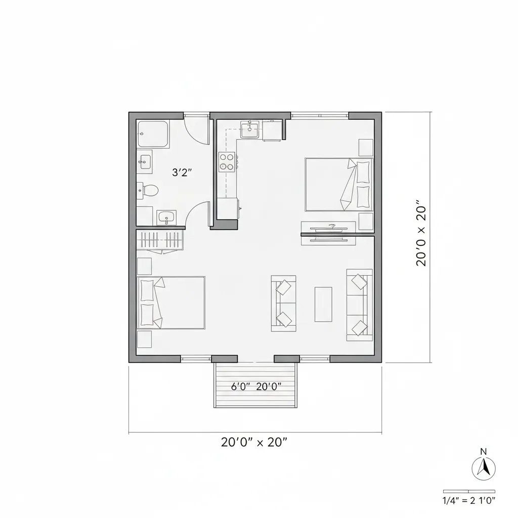 Floor plan of a prefab guest house with bathroom and kitchenette