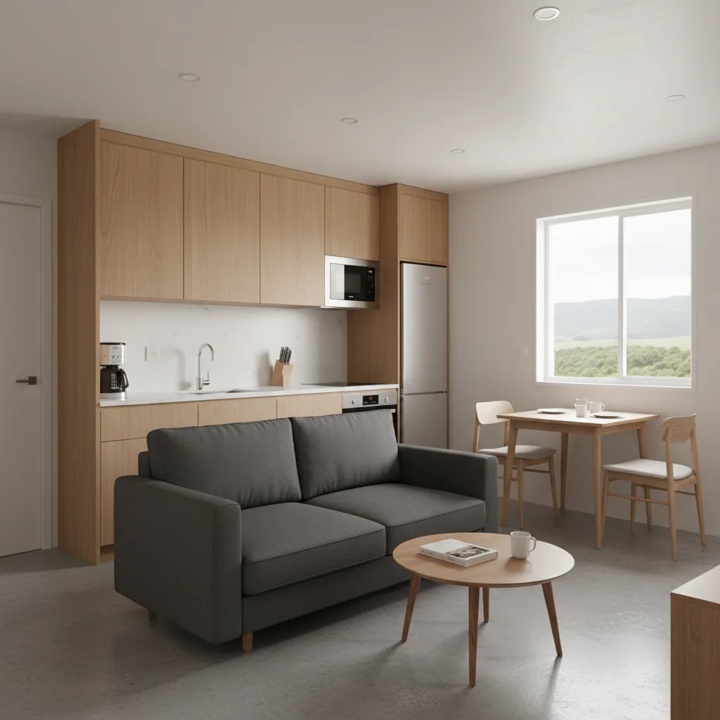 Interior of a prefab guest house showing living area, kitchenette, and compact design