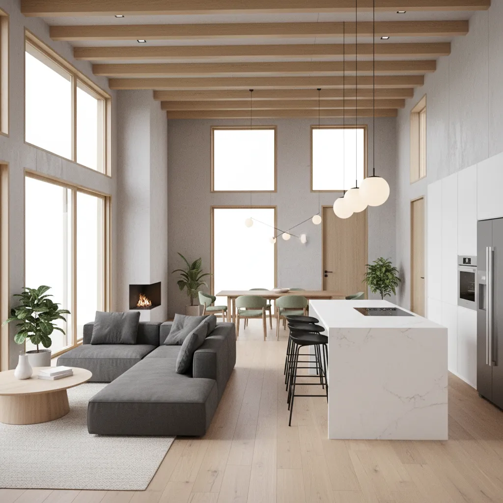 Visualización 3D de diseño interior de casa prefabricada