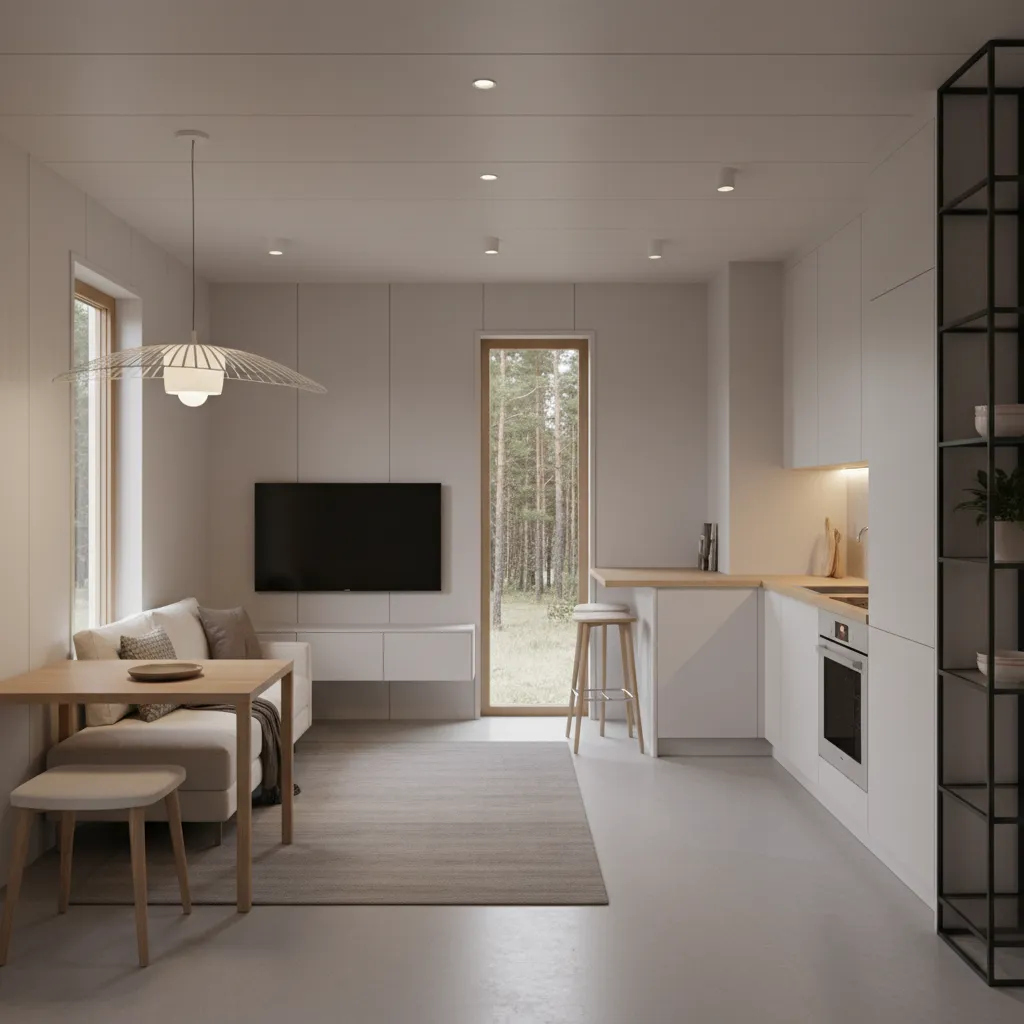 Modern open plan living room and kitchen with white sofa wooden table and forest view