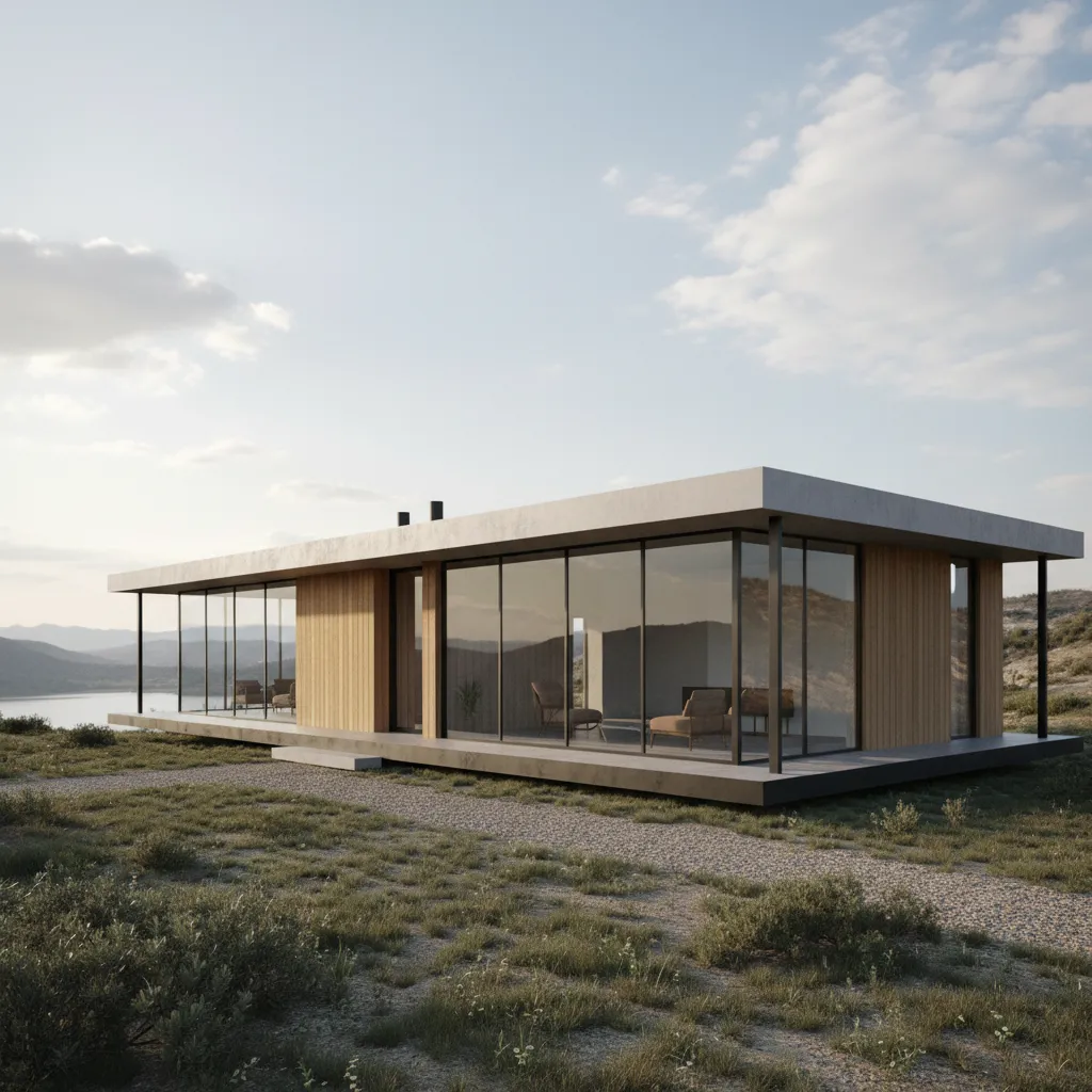 Render 3D de una casa minimalista prefabricada antes de su construcción