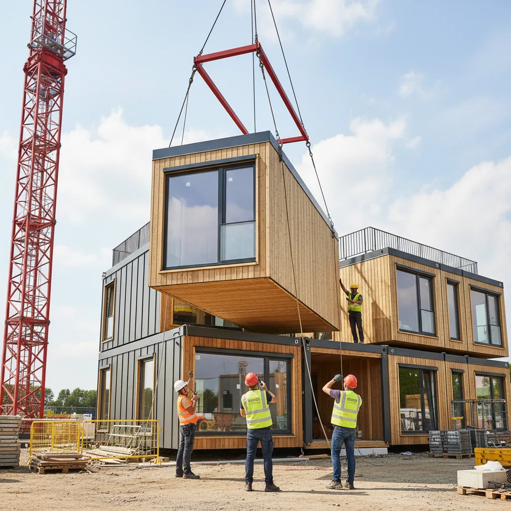 Red crane lifting a wooden house section into place on a modern building construction site