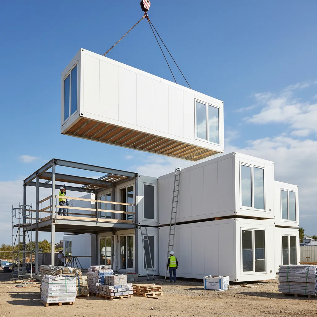 Módulos prefabricados de una casa moderna siendo instalados con grúa