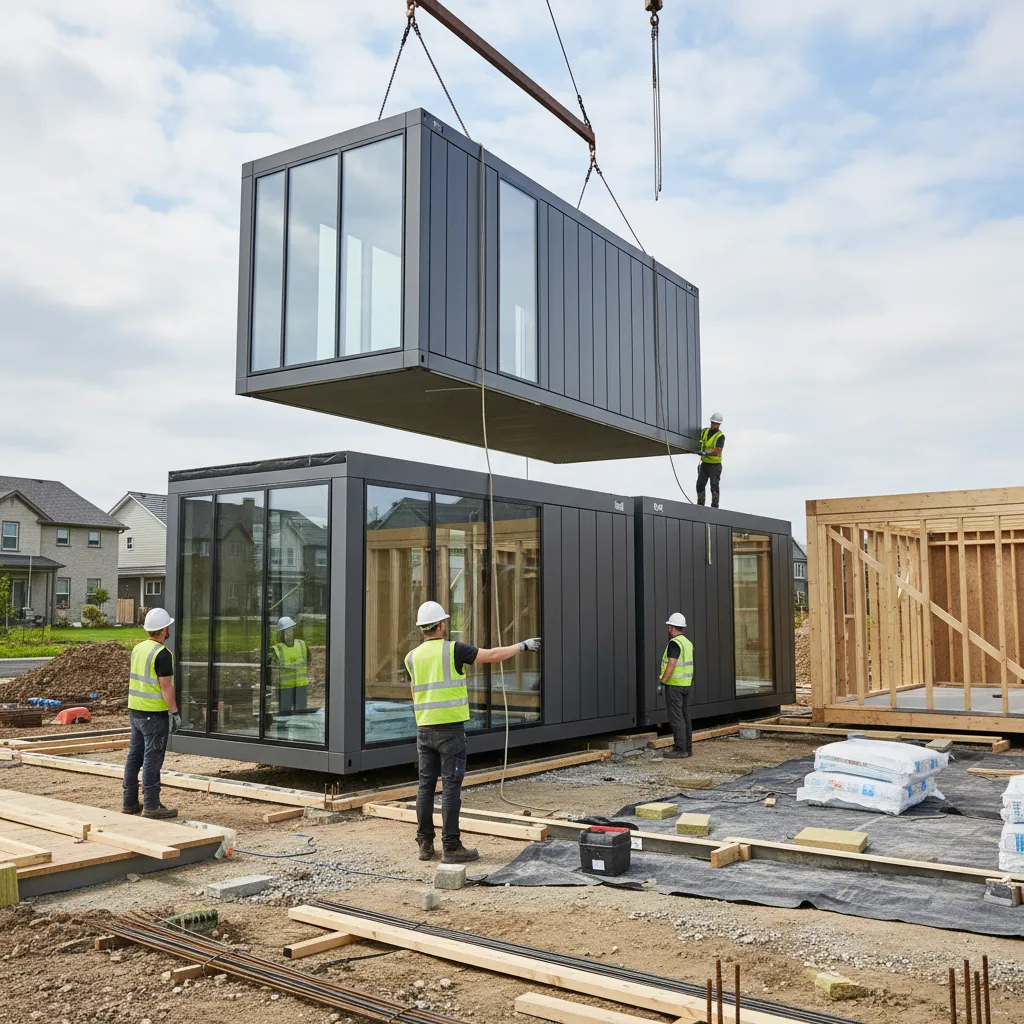 Construction workers using a crane to lift a black modular room onto another house section