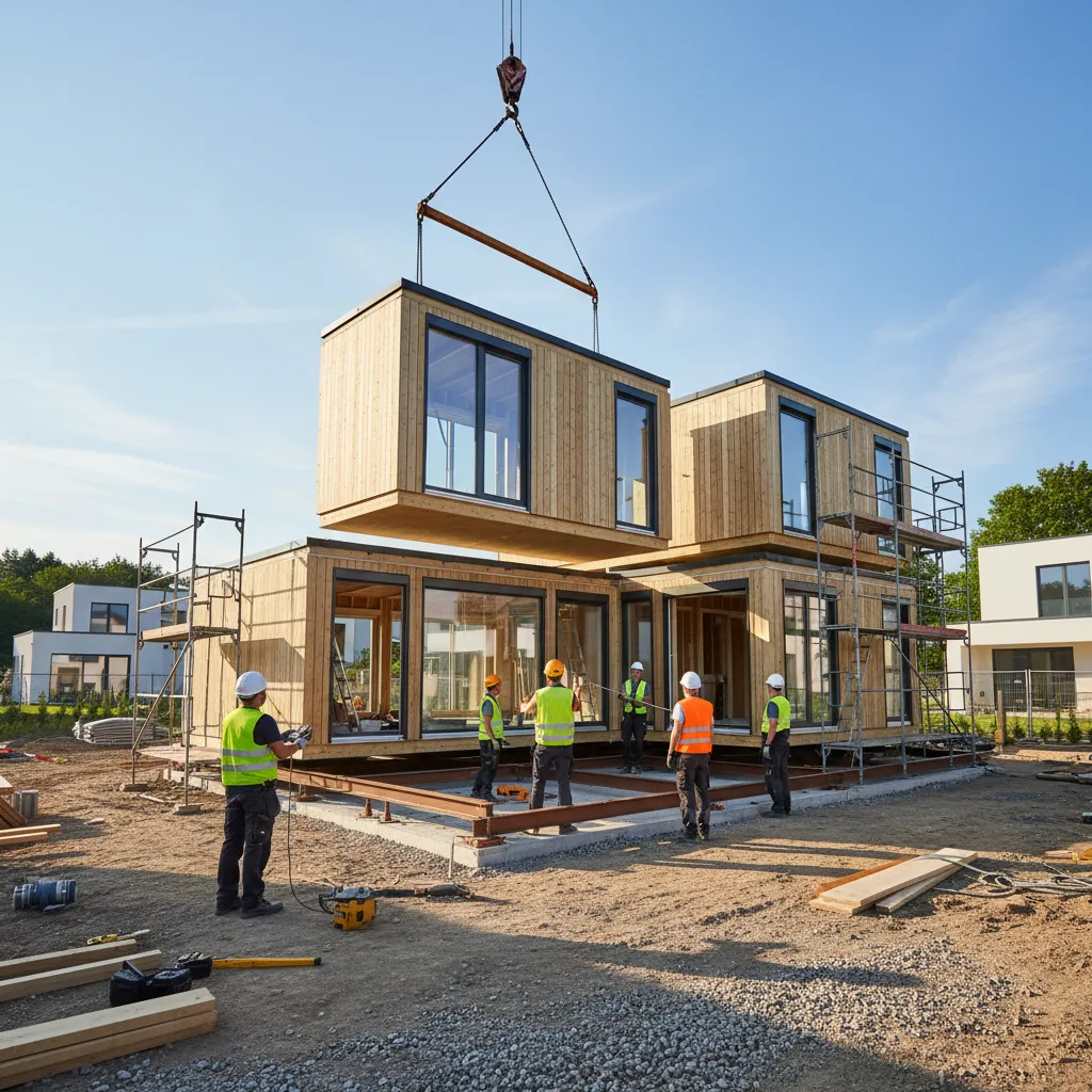 Montaje de módulos de una casa prefabricada durante la construcción