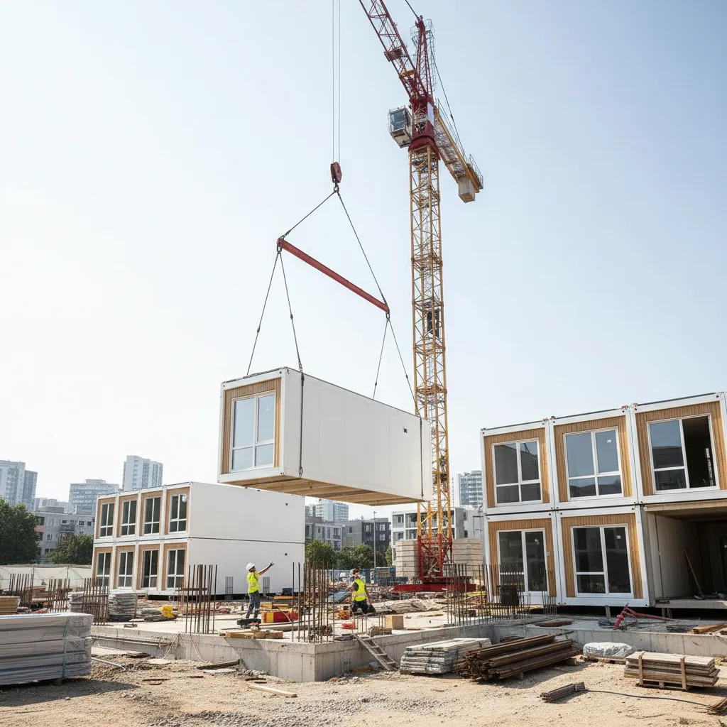 Instalación de módulos de casa prefabricada durante el montaje
