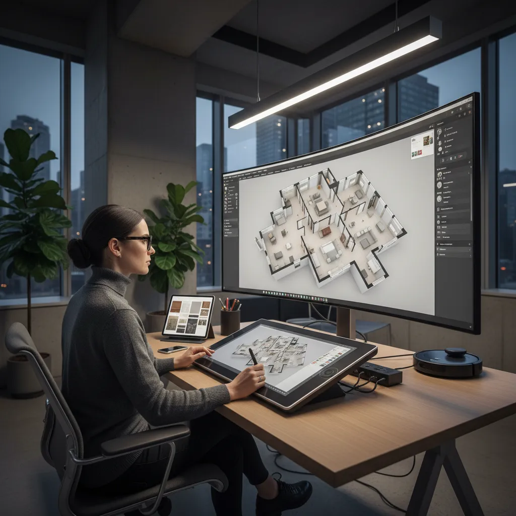Diseñador revisando plano digital de casa prefabricada moderna