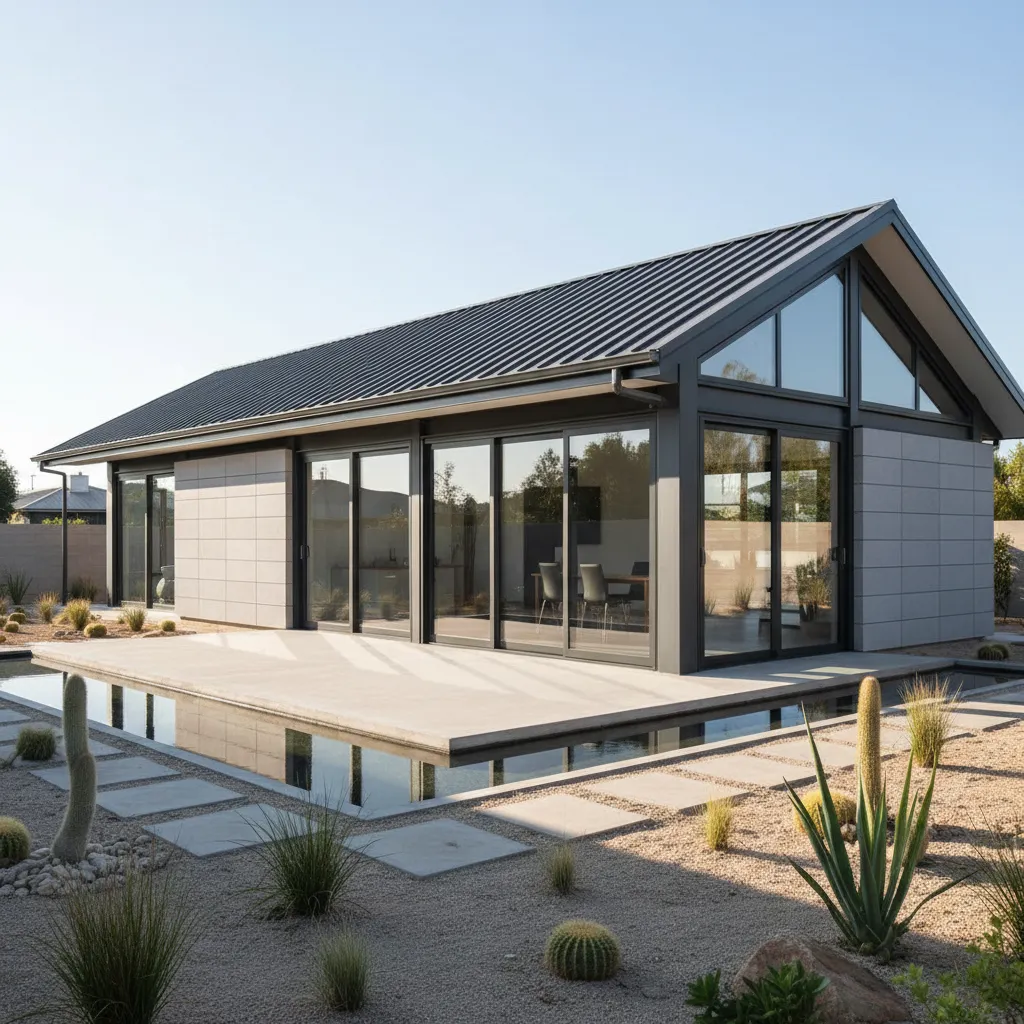 Modern house with grey walls large glass windows desert landscape with sand gravel and cacti