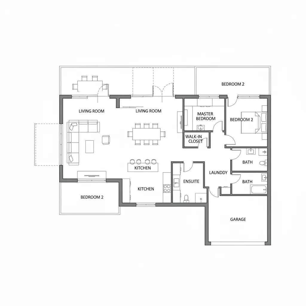 Plano arquitectónico de casa moderna de una planta con distribución abierta