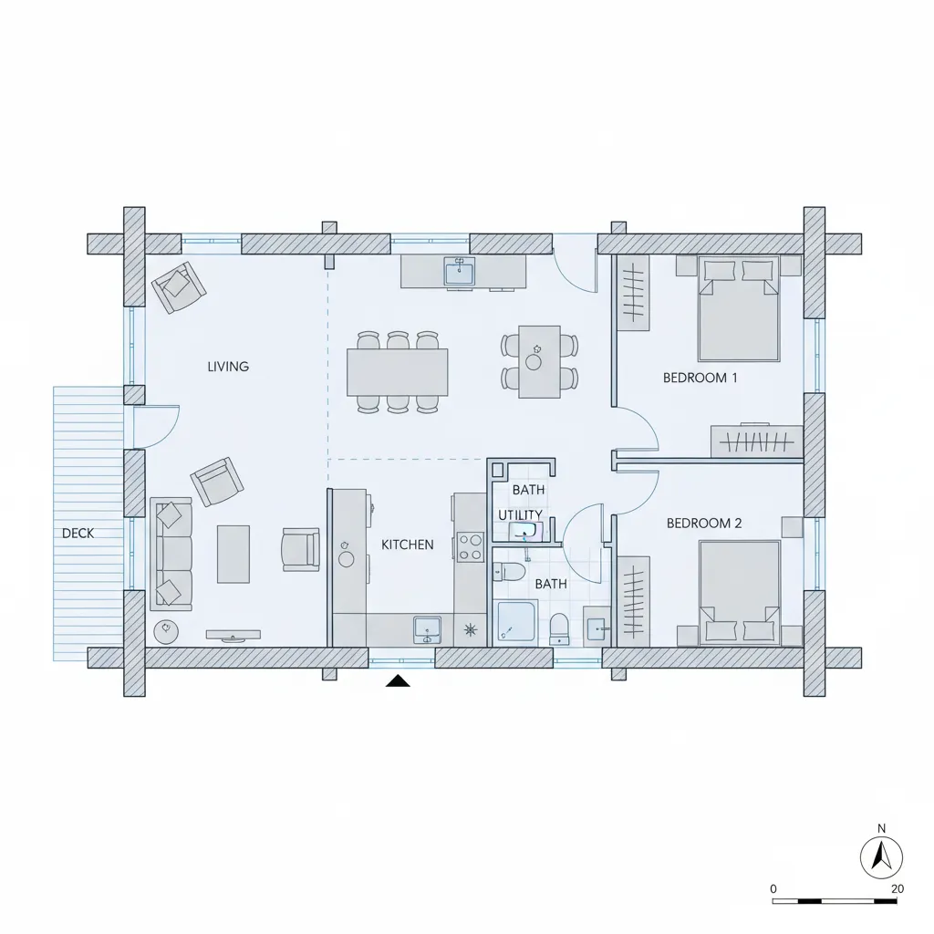 Plano arquitectónico de una casa prefabricada de madera