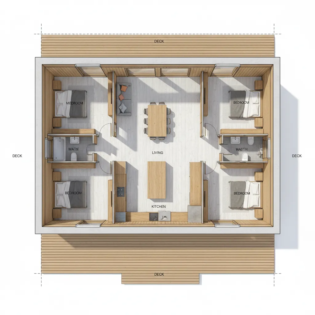 Modern wooden prefab house room layout featuring four bedrooms two bathrooms and central open living area