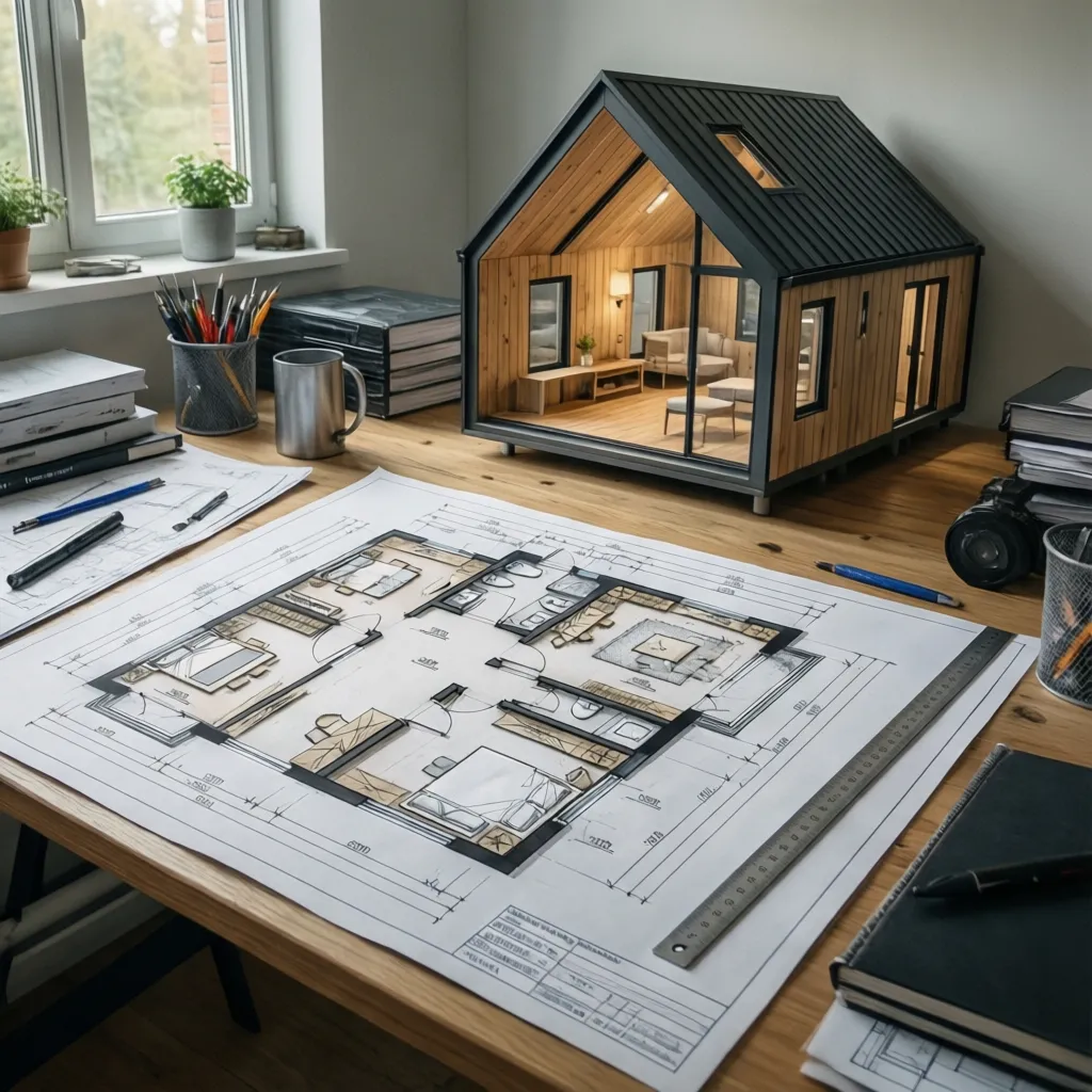 Wooden desk showing a printed house floor plan next to a small wooden house model