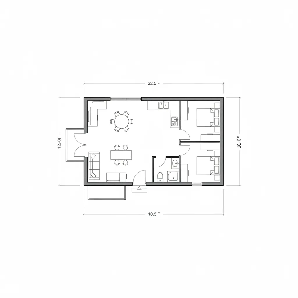 Simple floor plan layout of small house with living room kitchen bathroom and two bedrooms
