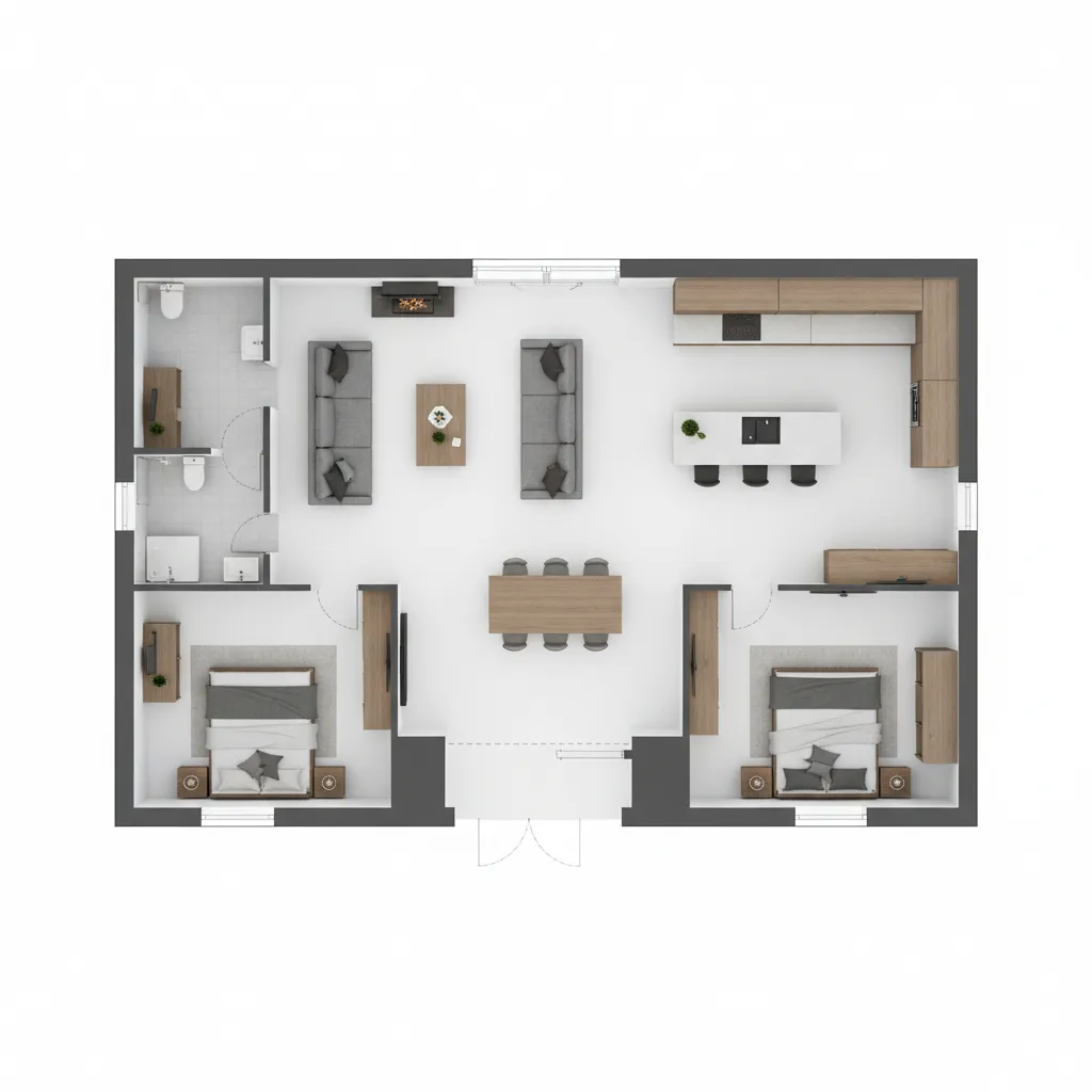 Plano moderno de casa prefabricada minimalista de unos 90 metros cuadrados