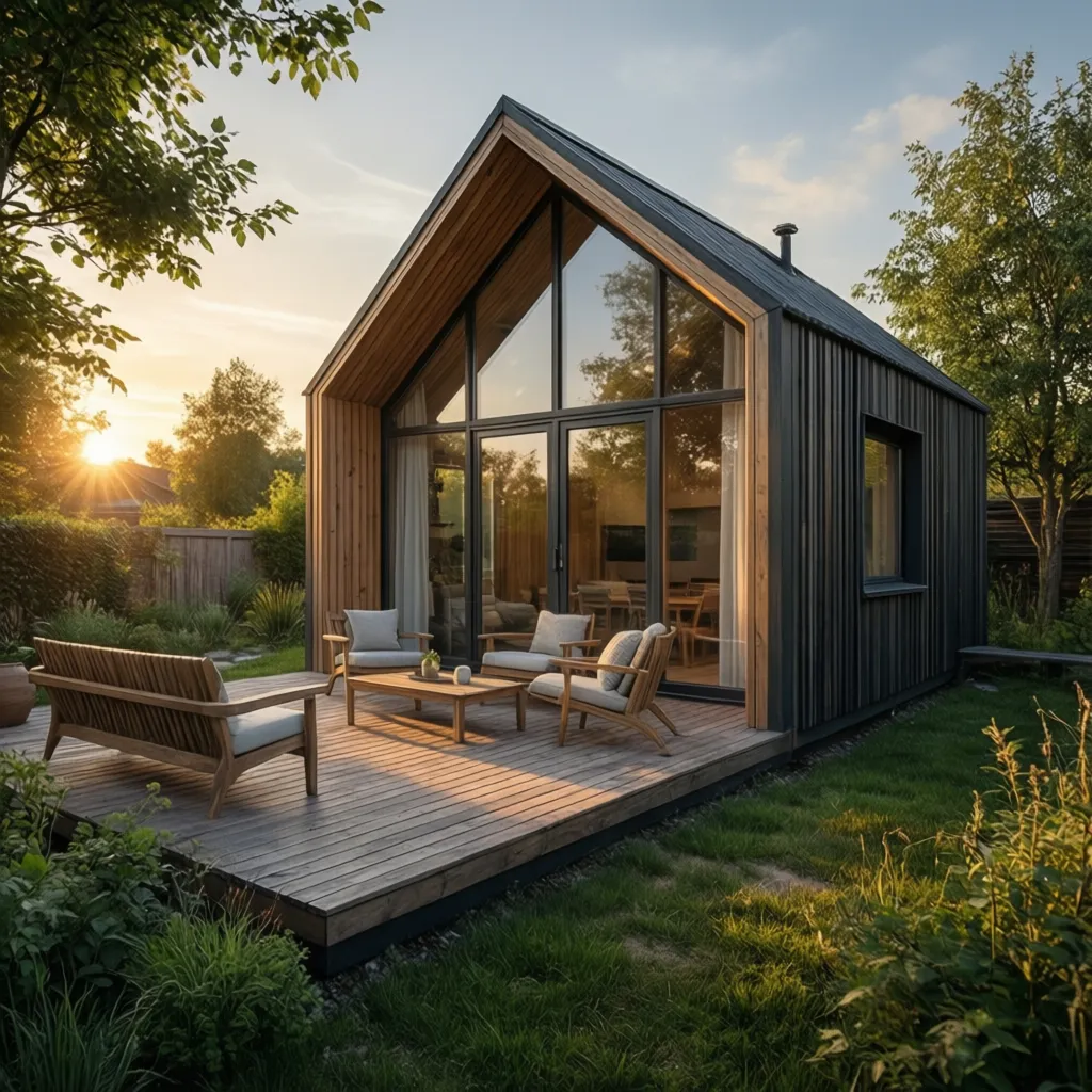 Vista exterior de una casa prefabricada moderna con jardín