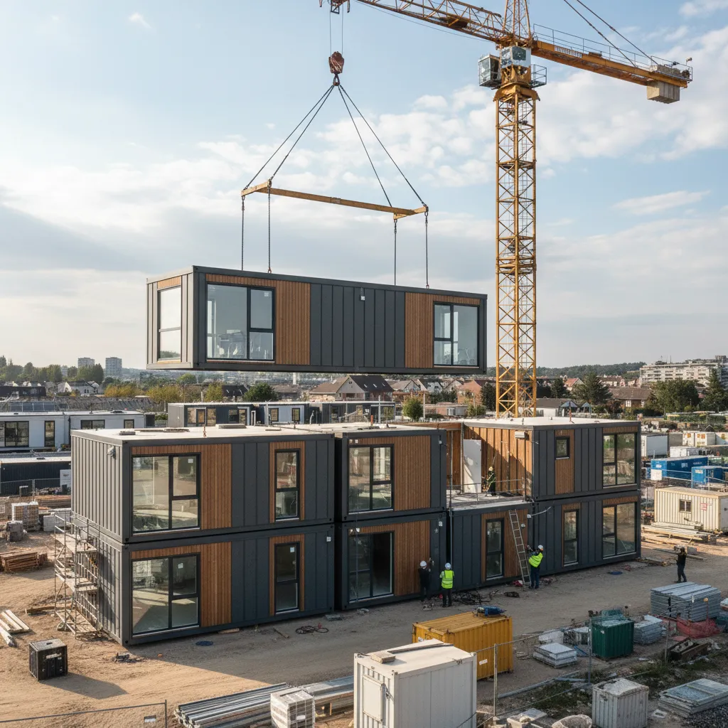 Instalación de módulos de una casa prefabricada con grúa