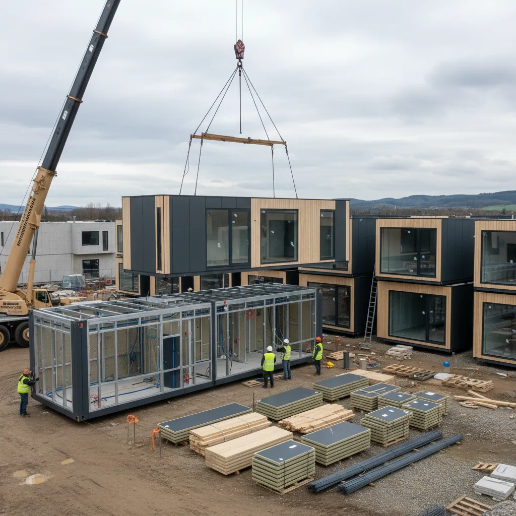 Instalación de módulos de casa prefabricada con grúa