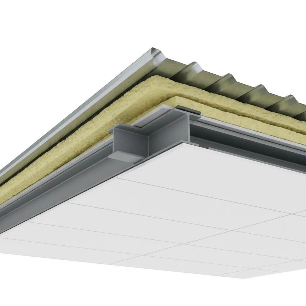 Cross section of house roof showing metal panels insulation foam steel frame and white ceiling