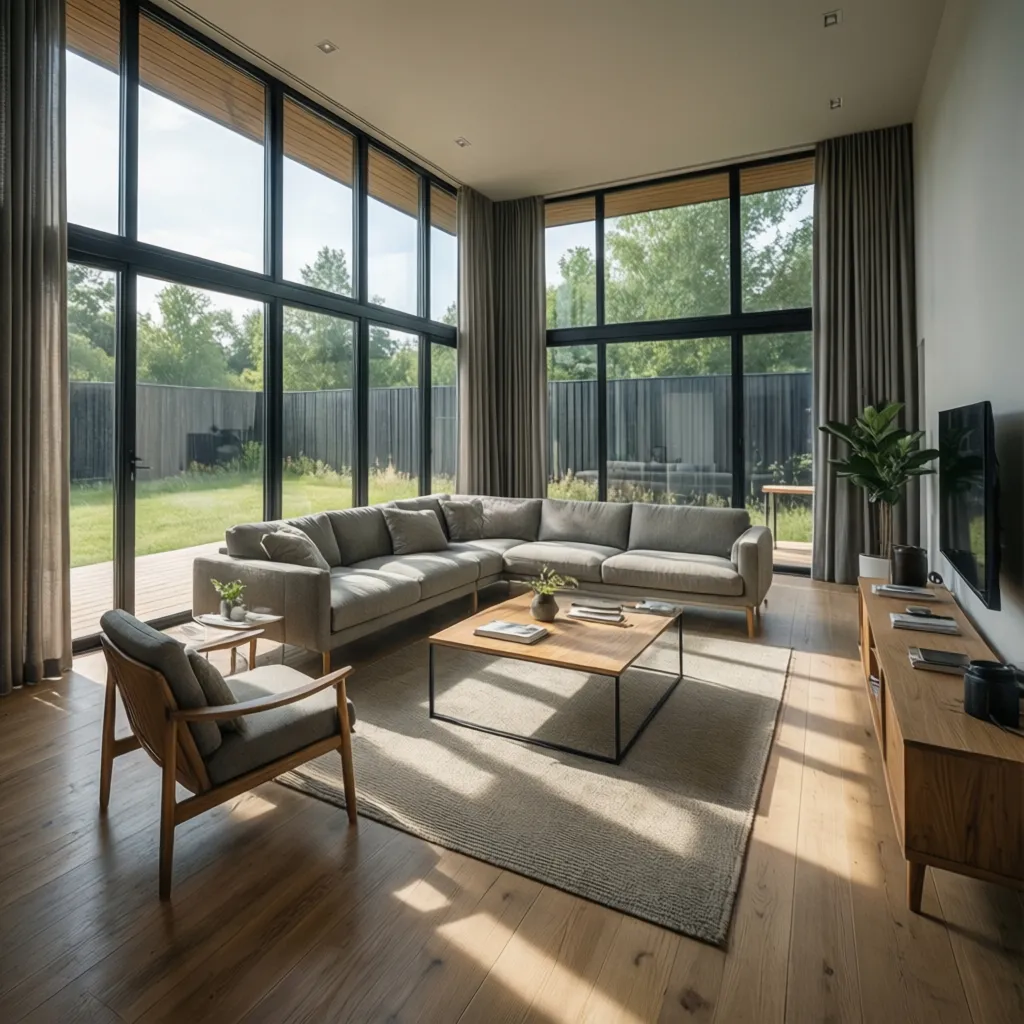 Interior design drawing of modern living room with grey sofa wood floors and large windows