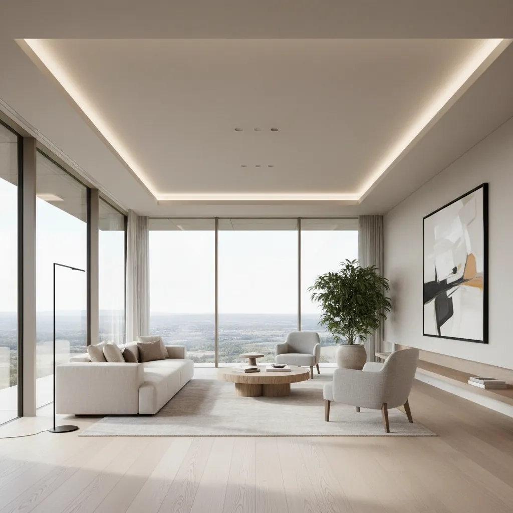Interior minimalista luminoso con sala integrada y grandes ventanas