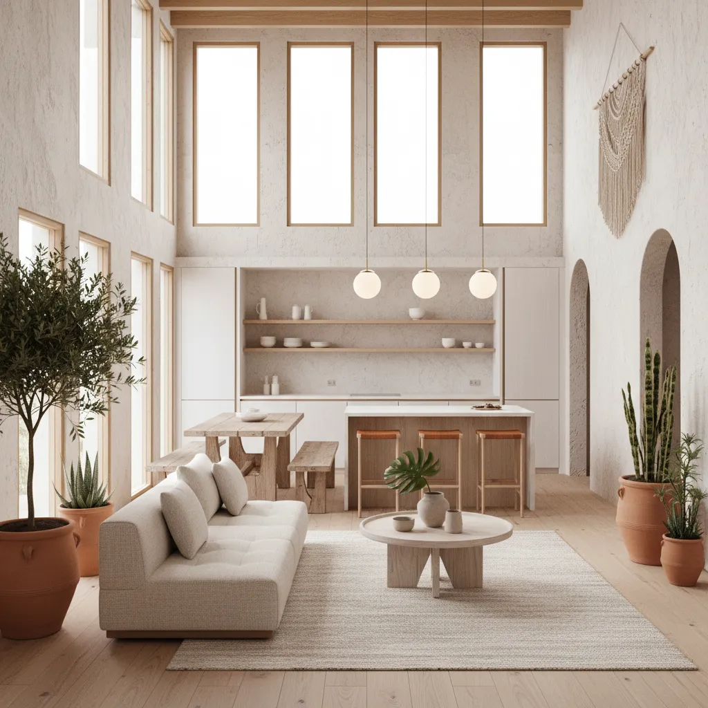 Interior abierto de casa prefabricada moderna con salón y cocina integrados