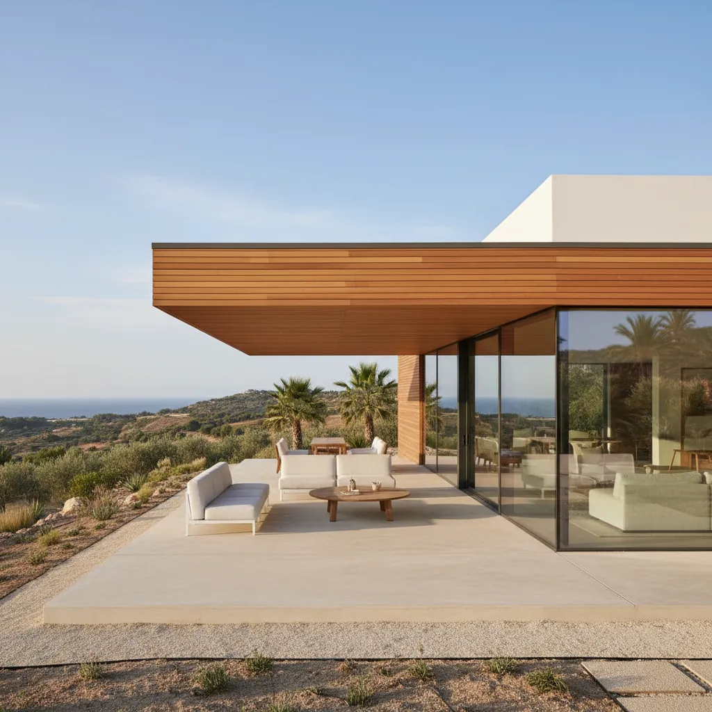 Exterior de casa prefabricada moderna con terraza y fachada de madera