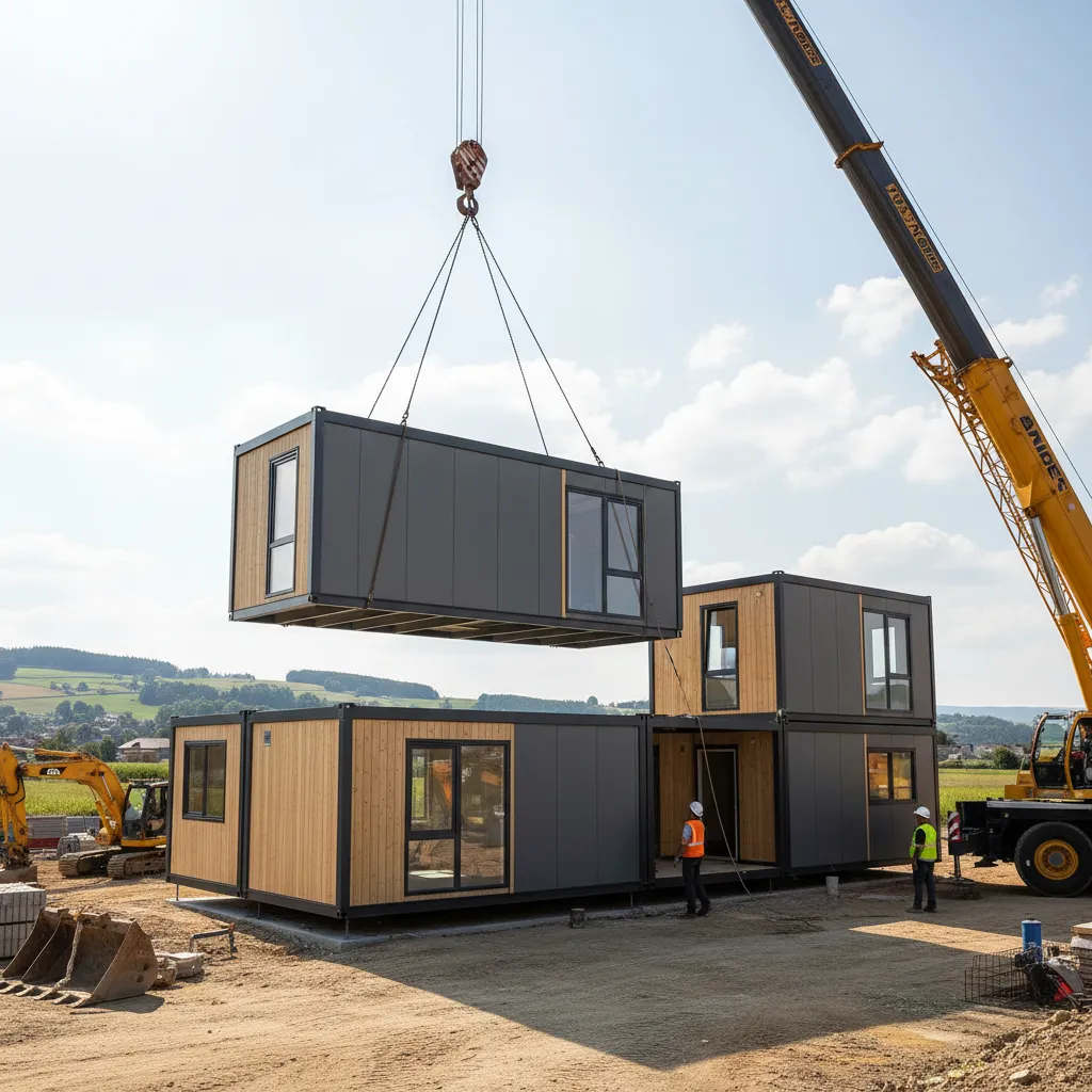 Instalación de módulos de una casa prefabricada con grúa