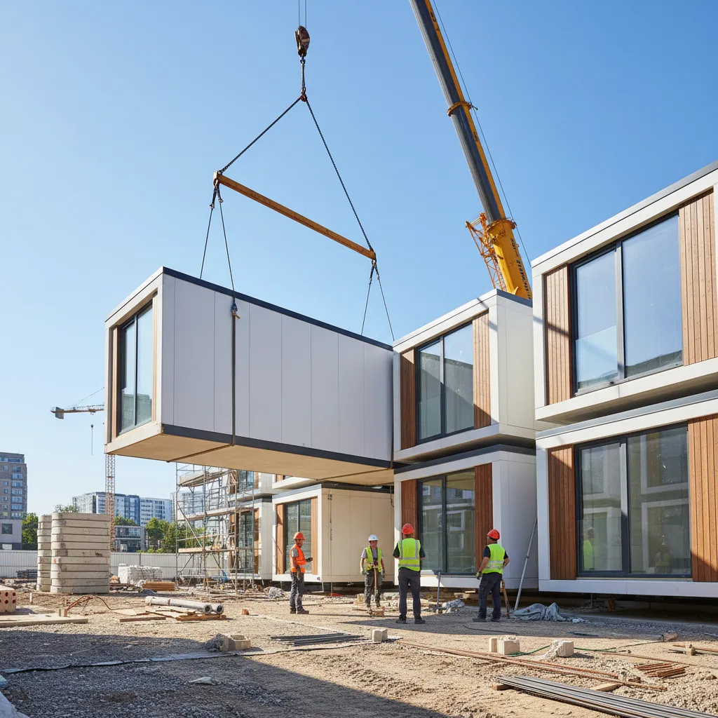 Instalación de módulos de una casa prefabricada mediante grúa
