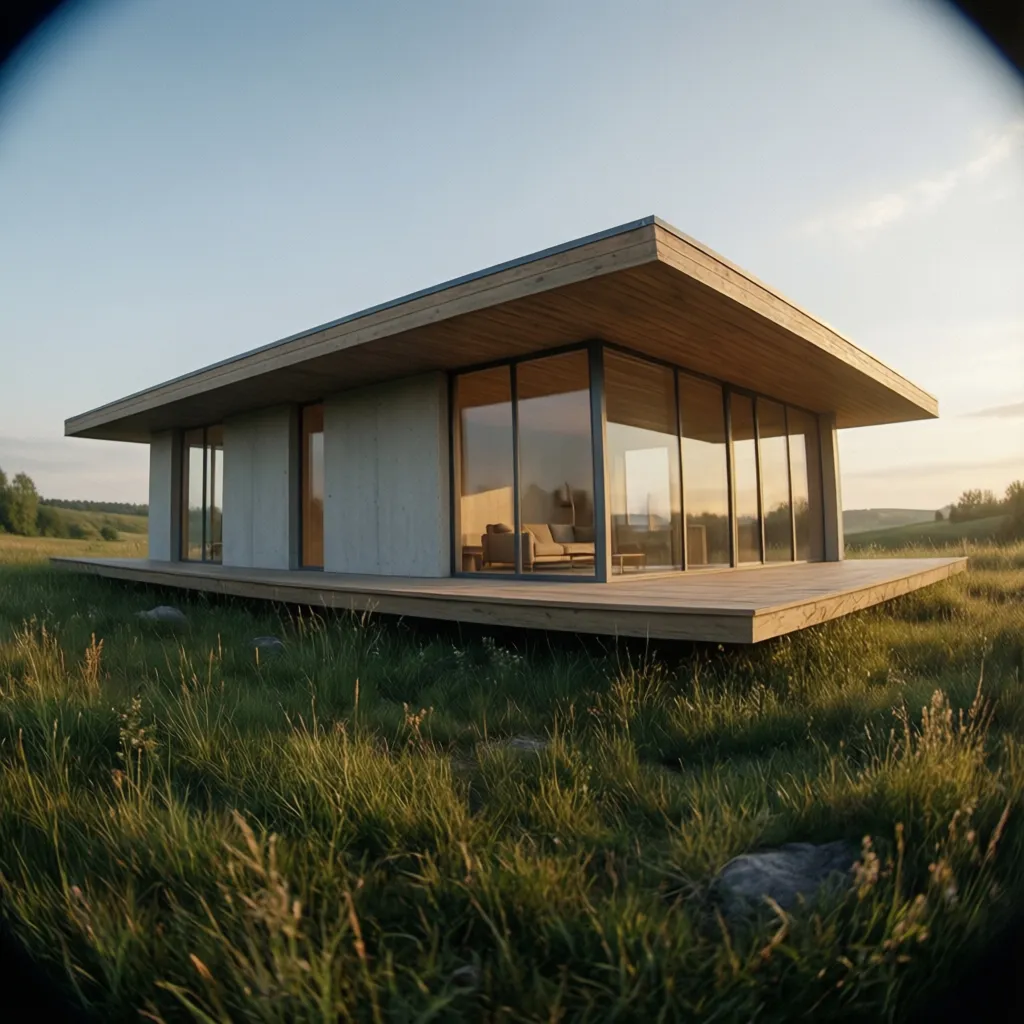 Casa prefabricada minimalista situada en una parcela plana con jardín