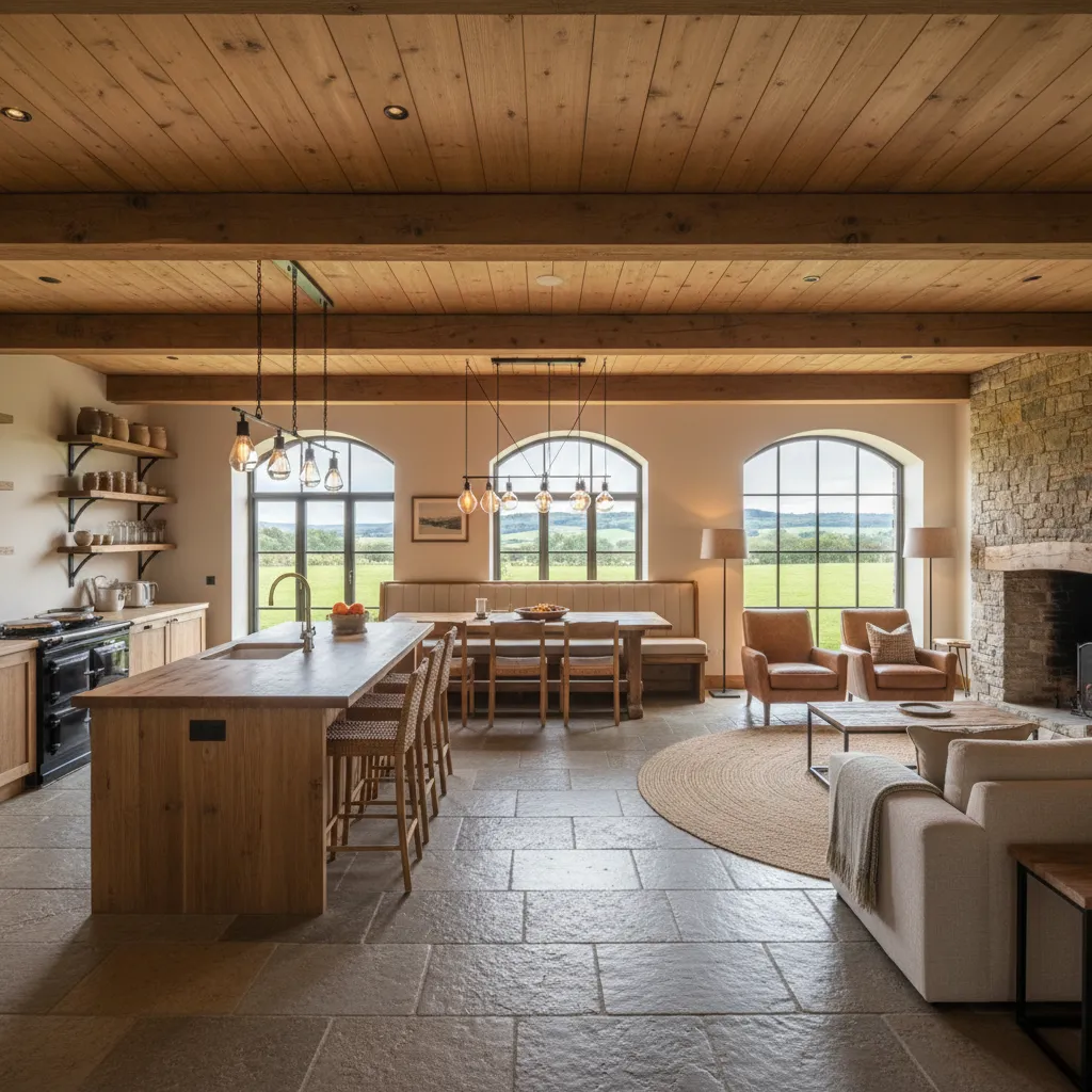 Plano abierto de salón comedor y cocina en casa rústica prefabricada
