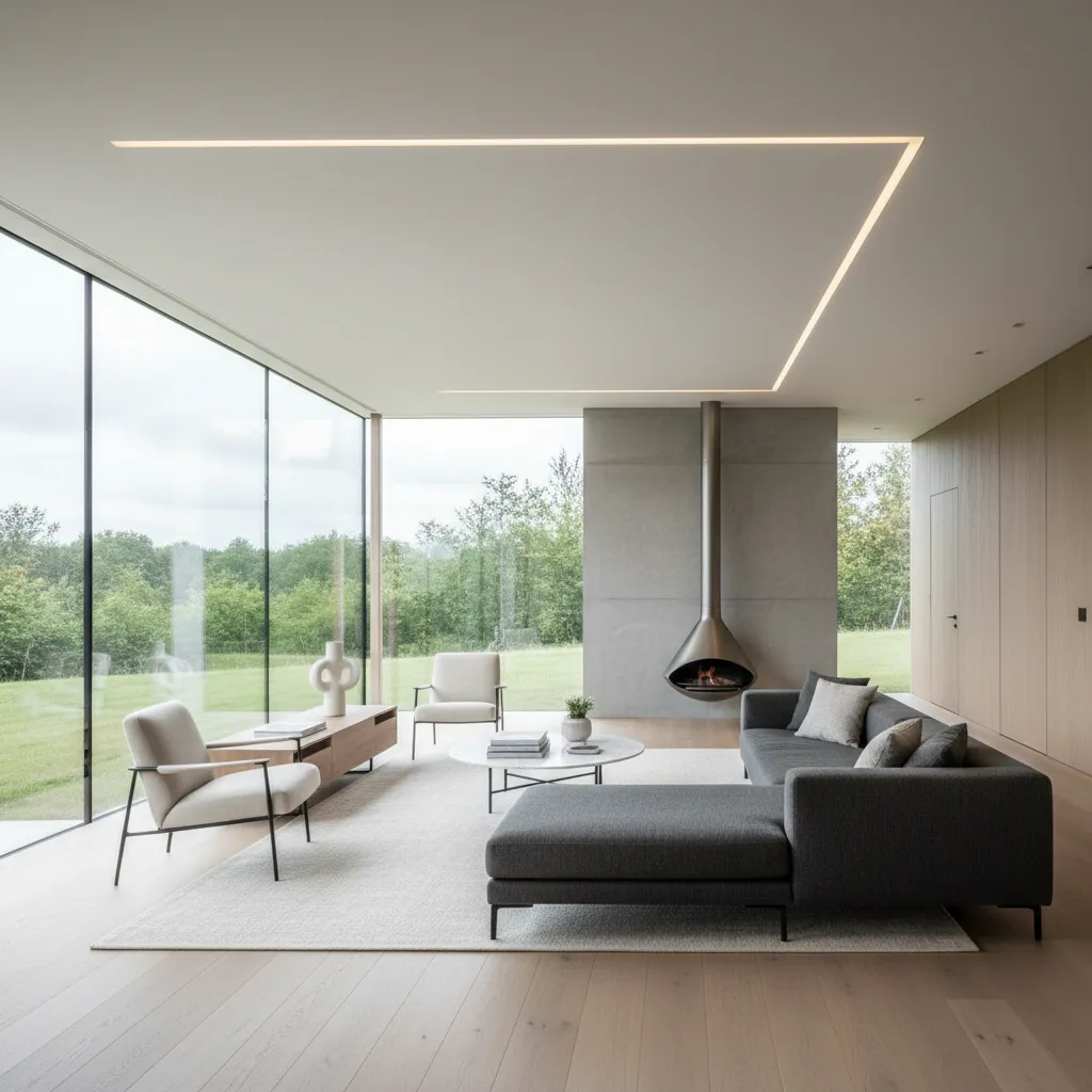 Salón abierto moderno dentro de una casa prefabricada de diseño