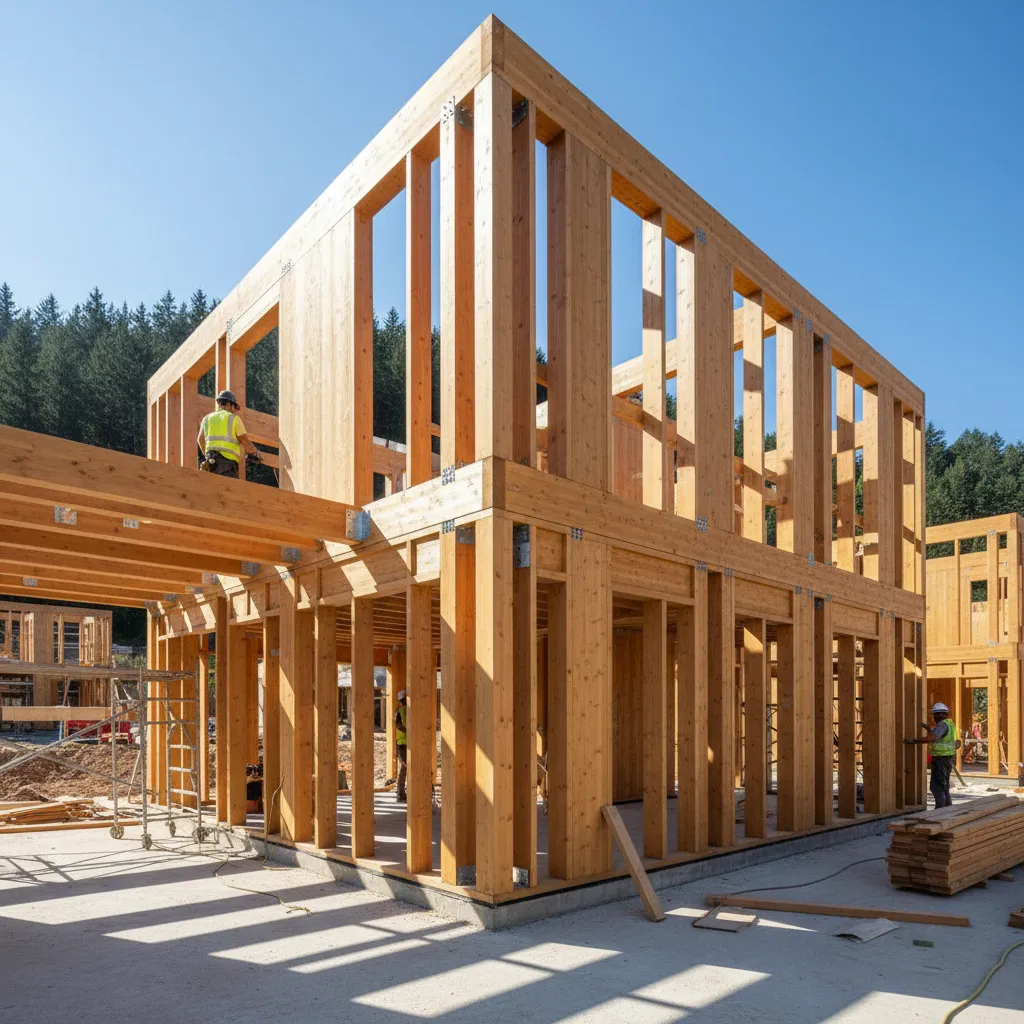 Estructura de madera CLT utilizada en casas prefabricadas modernas