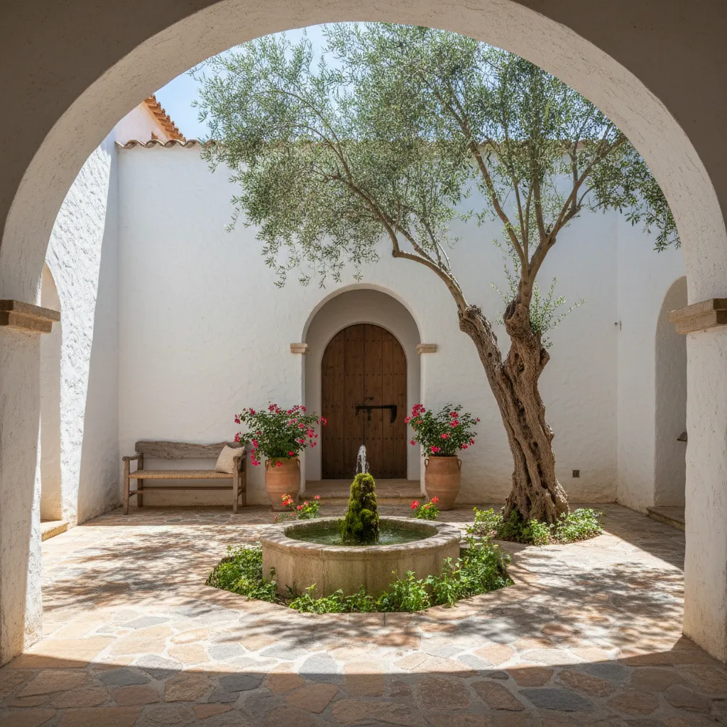 Patio central en una casa prefabricada mediterránea