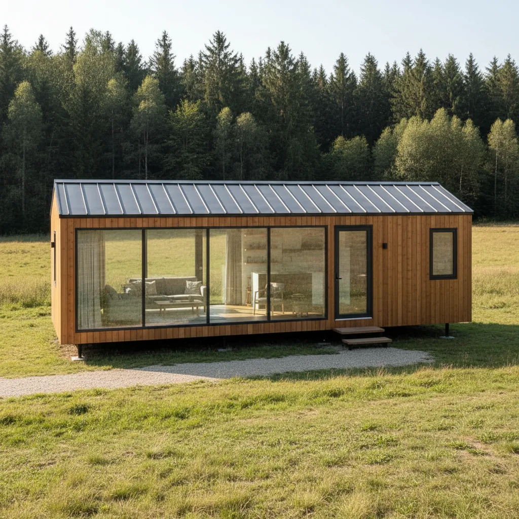 prefabricated modular cottage with metal roof in natural landscape