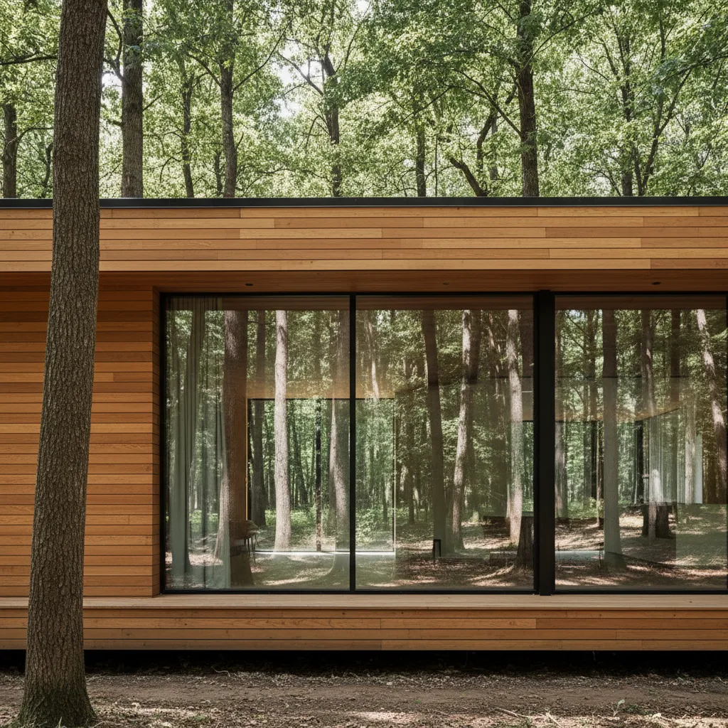 Exterior de una casa prefabricada minimalista en un entorno natural