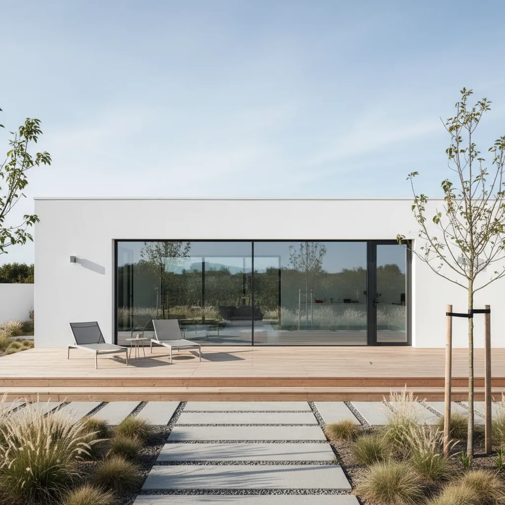 Casa prefabricada minimalista moderna con fachada blanca y grandes ventanales